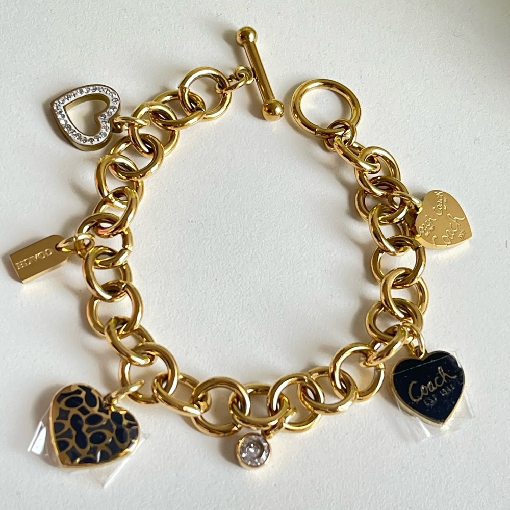 Coach Gold-Tone Heart Charm Toggle Bracelet with Black Accents